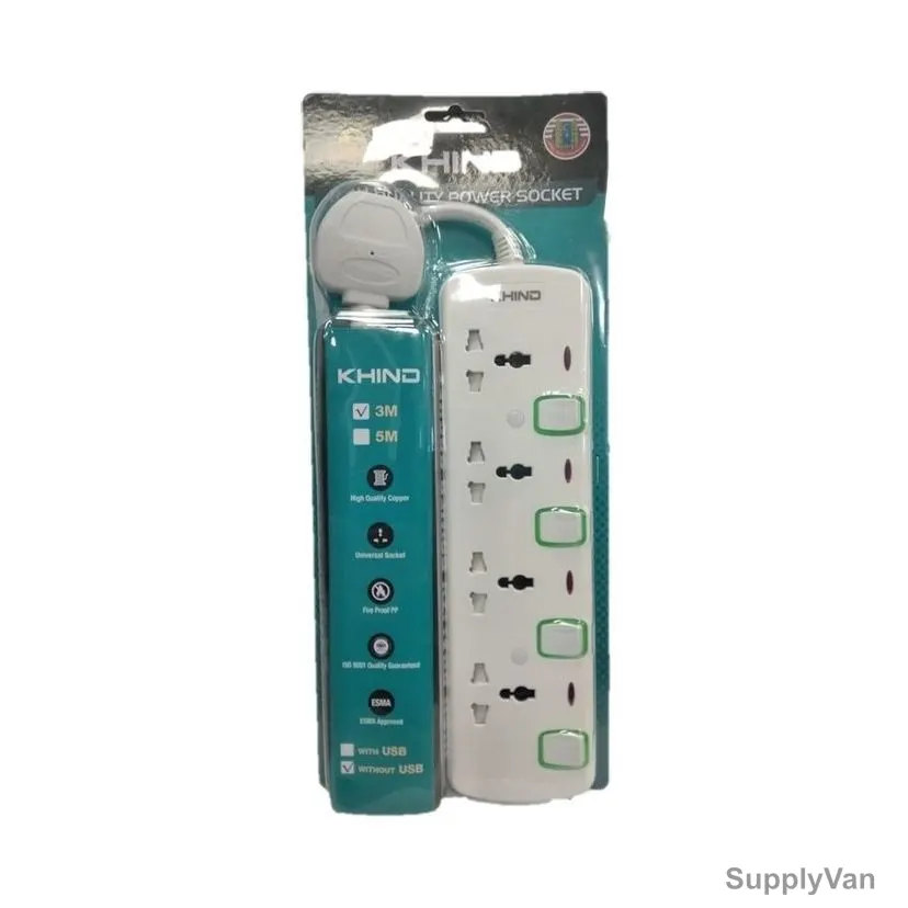 Khind Universal Extension Socket With Neon, ES8143M3M, 4 Way, 13A, 3 Mtrs Cable Length, White/Green — image 1