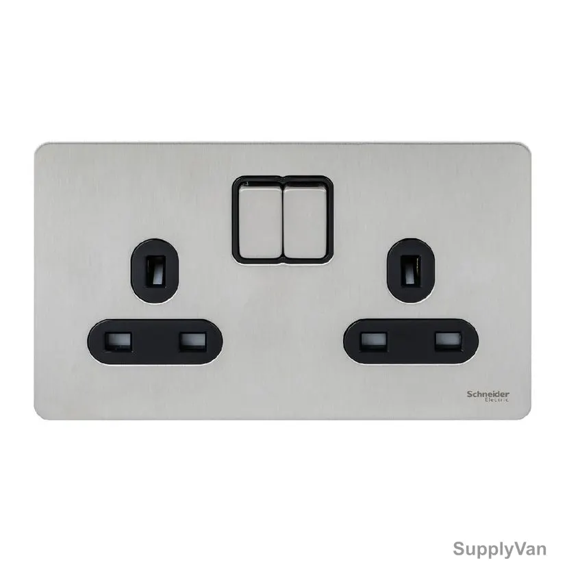 Schneider Electric Screwless Flat Plate Switched Socket, Ultimate, 2 Gang, 13A, Stainless Steel