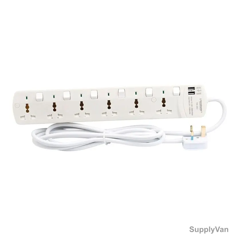 Terminator Universal Power Extension Socket With 2 USB Port, TPB-6AU, 6 Way, 13A, 3 Mtrs, White — image 1