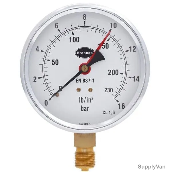 Brannan Pressure Gauge, 34-656-0, 100MM, 0-16 Bar