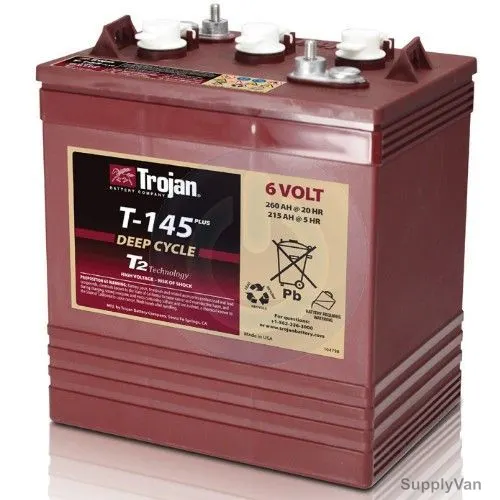Trojan Flooded Lead Acid Battery, T-145, 6V, 260Ah/20Hr