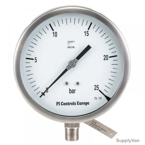 PI Controls Pressure Gauge, PG-150-R25-WF-SS, 150MM, 0-25 Bar