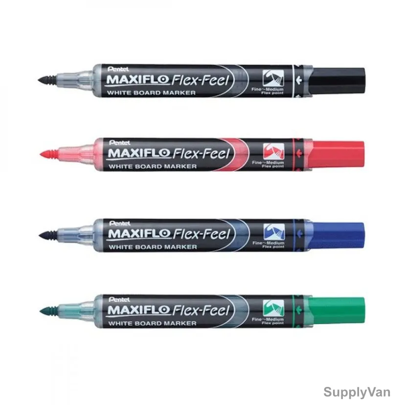 Pentel Flex-Feel White Board Marker, PE-MWL5SBF-04, Maxiflo, 4.0MM, Assorted Colors, 4 Pcs/Set