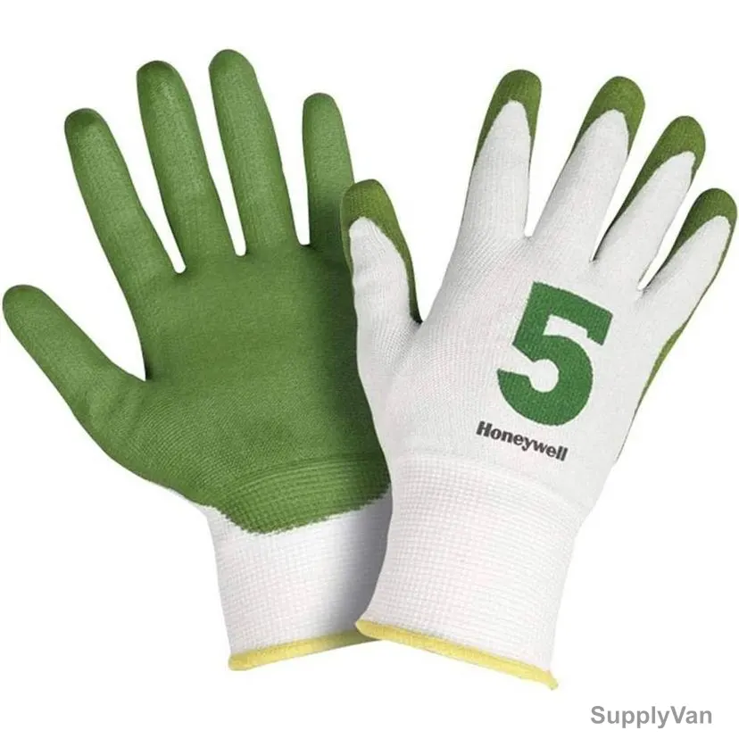 Honeywell PU5 Cut Resistant Gloves, 2332545-09, Check & Go, HPPE, Size9, White and Green — image 1