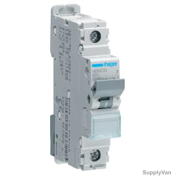 Hager Miniature Circuit Breaker, NBN120N, B Curve, 1P, 20A, 230/400V