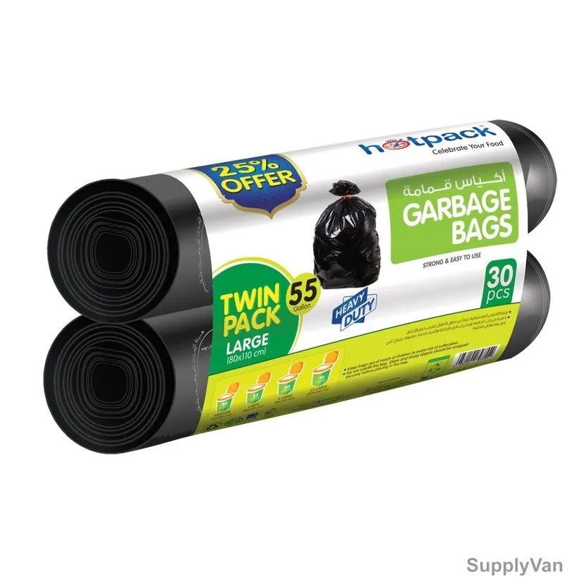Hotpack Heavy Duty Garbage Bag, OPGBR80110TP25P, 55 Gallon, L, Black, Twin Pack, 30 Pcs/Pack — image 1