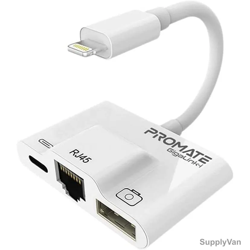 Promate 3 In 1 High Speed Lightning USB Hub, GigaLink-i, RJ45, 100 MBPS, White — image 1