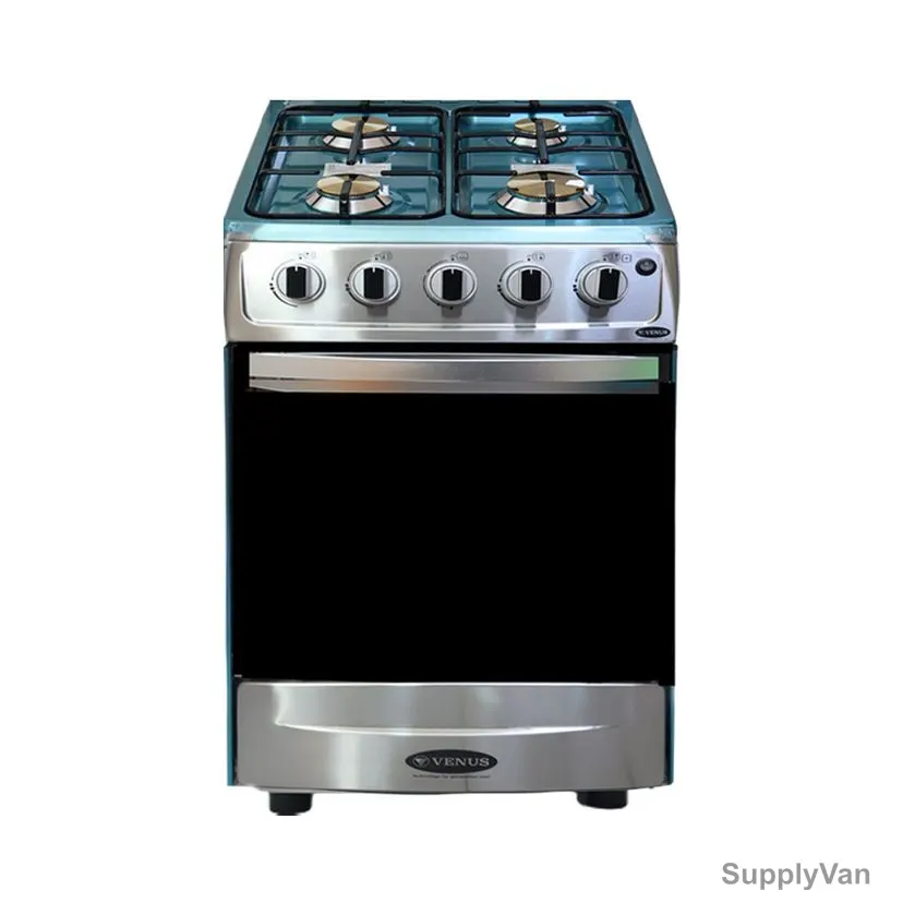 Venus Freestanding Gas Cooker With Oven, VC5555ESD, 4 Burner, 55CM Width x 50CM Depth, Silver/Black