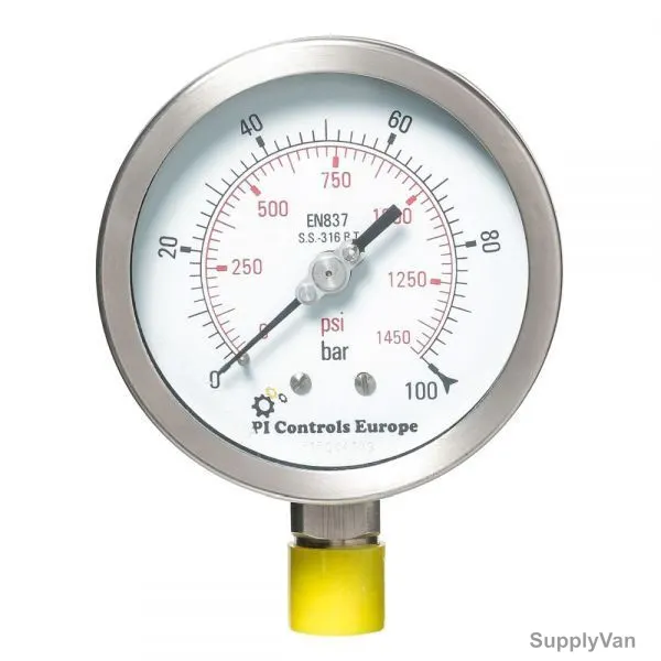 PI Controls Pressure Gauge, PG-63-R16-WF-SS, 100MM, 0-100 Bar