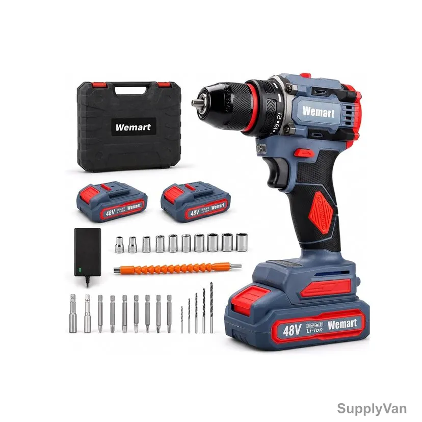 Wemart Cordless Drill Driver, 48V, 9.5MM Chuck Size, 2x 1.3 Ah Battery, 1x Charger