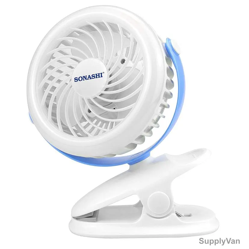 Sonashi 2 In 1 Clip and Desk Fan, SRF-104, 4 Inch, 1.2Ah, Blue/White — image 1
