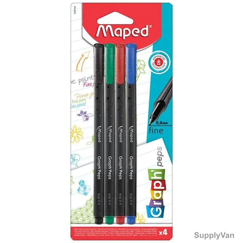 Maped Fineliner Pen, MD-749144, GraphPeps, 0.4MM Tip, Assorted Colors, 4 Pcs/Set