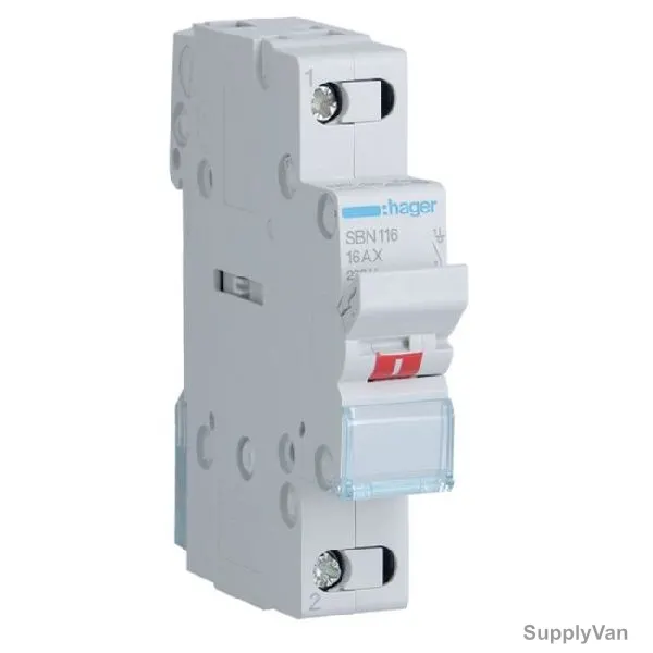 Hager Isolating Switch, SBN116, 16A, 1P, 1 Module, 230V