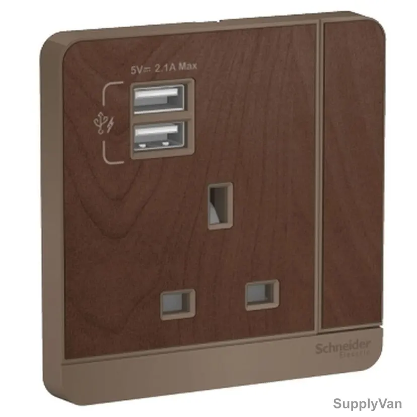 Schneider Electric Switched Socket With 2 USB Port, E8315USB-WD-G12, AvatarOn, 3P, 13A, 250VAC, Wood