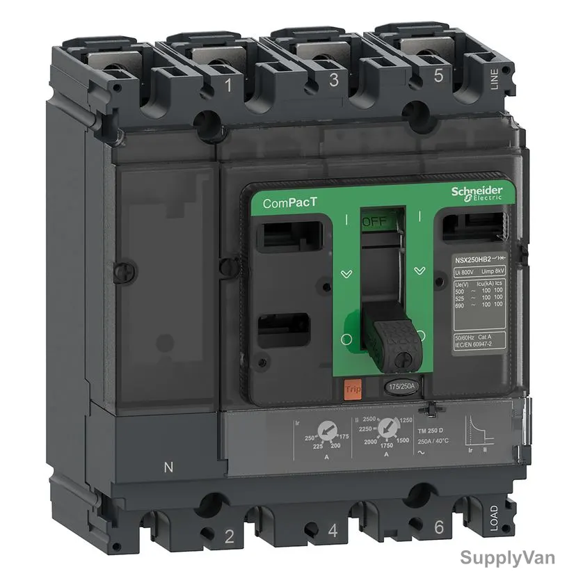 Schneider Electric NSX250F Molded Case Circuit Breaker, C25F6TM250, ComPacT, 4P, 36 kA, 415VAC, 250A