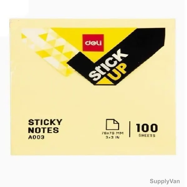 Deli Sticky Notes, A003, 70 GSM, 76MM Width x 76MM Length, Yellow, 100 Pcs/Pack
