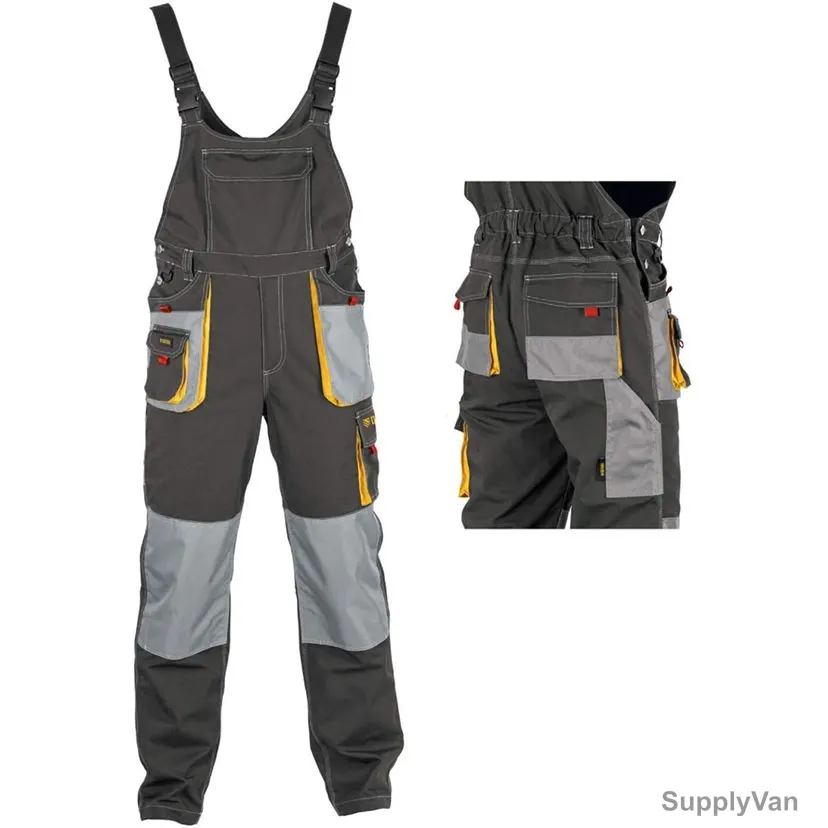Denzel Work Bib Pants, 7790356, Size38, 65% Polyester and 35% Cotton, Black/Grey