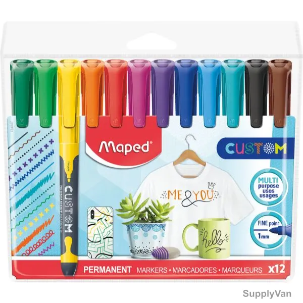 Maped Custom Permanent Marker, MD-734547, 1.0MM Tip Size, Assorted Colors, 12 Pcs/Set