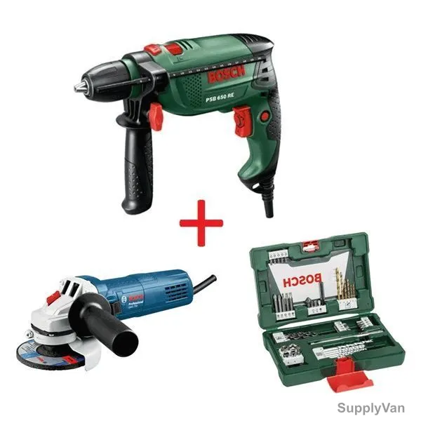 Bosch Impact Drill PSB-650-RE w/ Angle Grinder GWS-750-115 and 48Pcs Tin Bits Set
