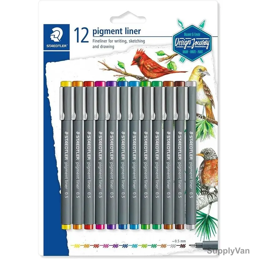 Staedtler Pigment Liner Set, ST-308-05SBK12, 0.5MM Tip, Assorted Colors, 12 Pcs/Set