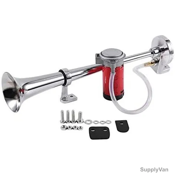 Single Trumpet Air Horn With 150dB Compressor, 12V, 150dB, Silver/Red