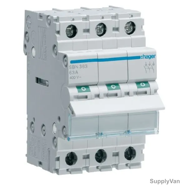 Hager Isolating Switch, SBN363, 63A, 3P, 3 Module, 400V