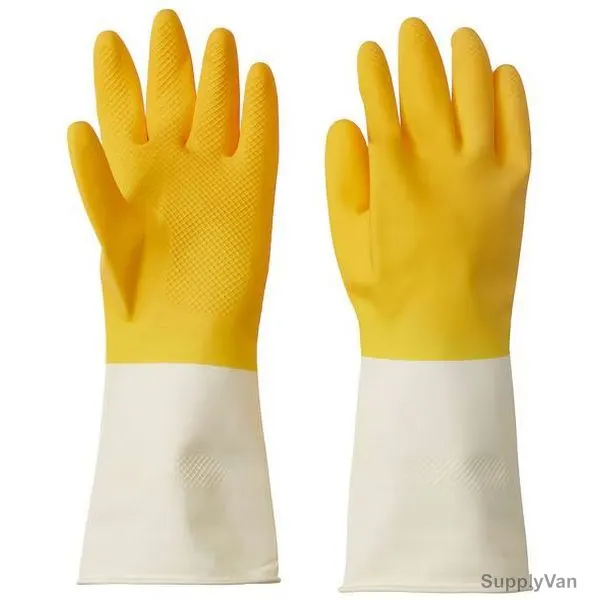 Rinnig Cleaning Gloves, 105-658-52, Natural Latex, M, 25CM Length, Bright Yellow/Off White