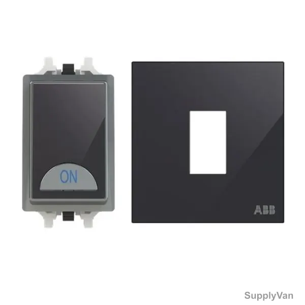 ABB Electrical Switch With LED and Rocker Switch Frame, AMD11120-BG+AMD5120-BG, Millenium, 1 Gang, 1 Way, 20A, Black Glass — image 1