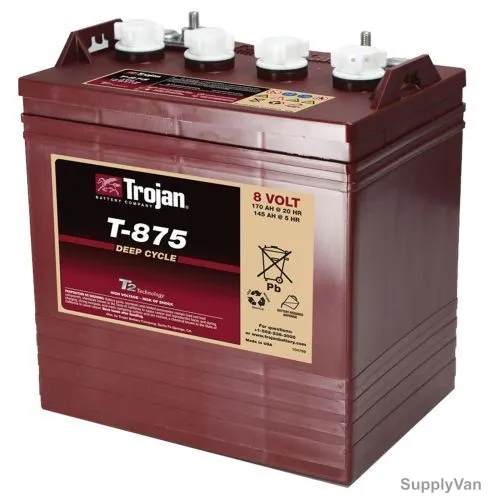 Trojan Flooded Lead Acid Battery, T-875, 8V, 170Ah/20Hr
