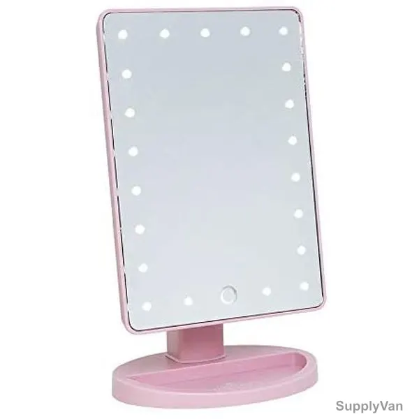Pedestal Makeup Mirror, Rectangular, 20 LED, Pink