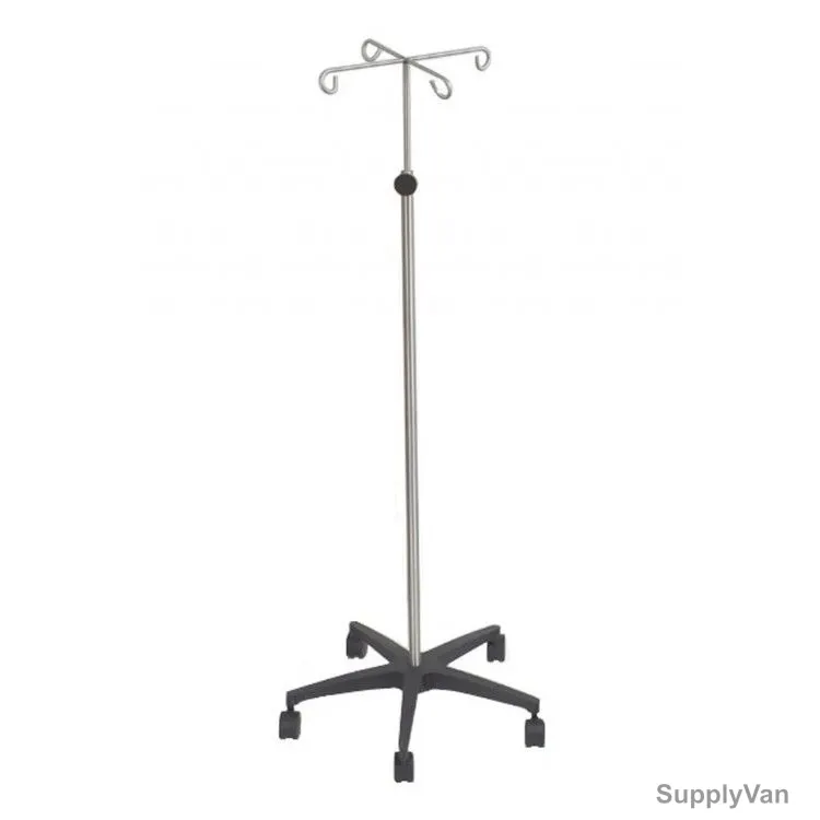 IV Stand With 4 Hooks, DW-15D, Stainless Steel, Silver/Black