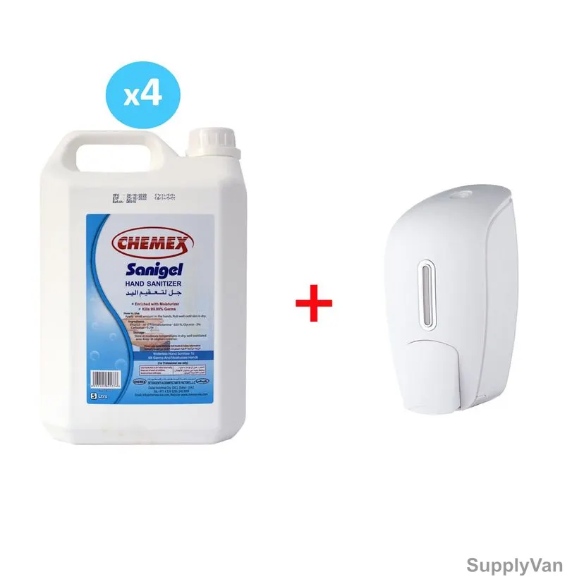 Chemex Sanigel Hand Sanitizer With Italisa Sanitizer Dispenser, Liquid, 5 Ltrs, 5 Pcs/Set