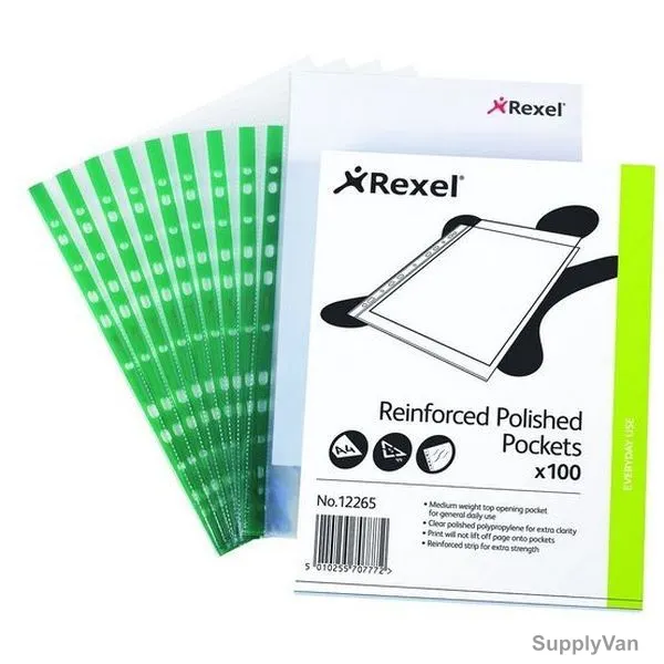 Rexel Reinforced Polished Pocket, 12265, A4, Clear, 100 Pcs/Pack