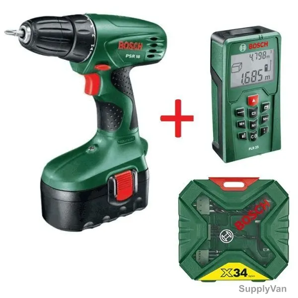 Bosch Cordless Drill Driver PSR18 Combo w/ Digital Laser Measure PLR-25 and X34 X-Line Set