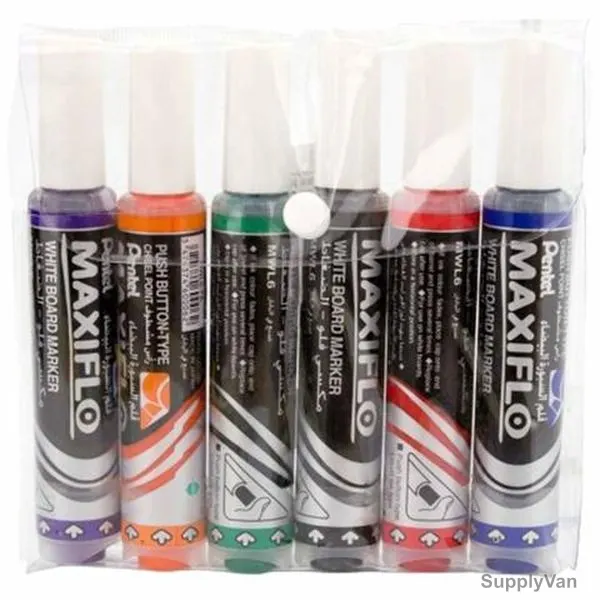 Pentel Maxiflo Whiteboard Marker, MWL6-6, Chisel Tip, 2-6MM, Multicolor, 6 Pcs/Pack