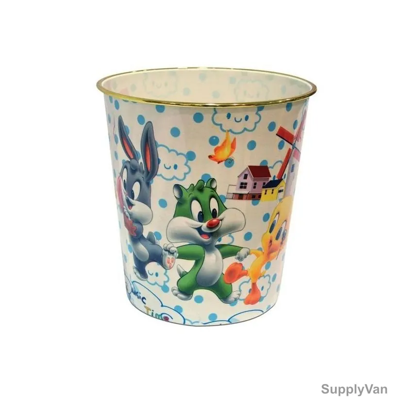 Akc Round Garbage Bin, GB06, Plastic, Cartoon Print, 10 Ltrs, White/Blue
