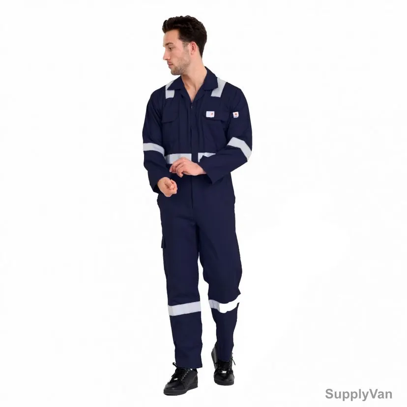 Prime Captain Flame Retardant Coverall With Reflective Tape, F1023, 100% Cotton, XL, Navy Blue