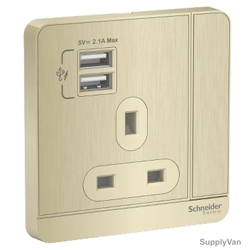 Schneider Electric Switched Socket With 2 USB Port, E8315USB-GH-G12, AvatarOn, 3P, 13A, 250VAC, Metal Gold Hairline