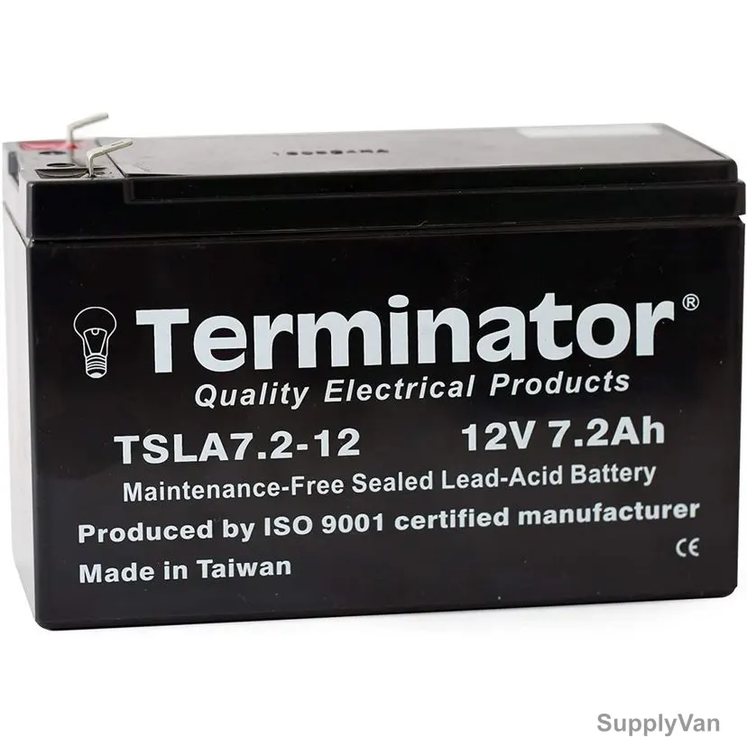 Terminator Rechargeable Sealed Lead Acid Battery, TSLA-7-2-12V, 12V, 7.2Ah