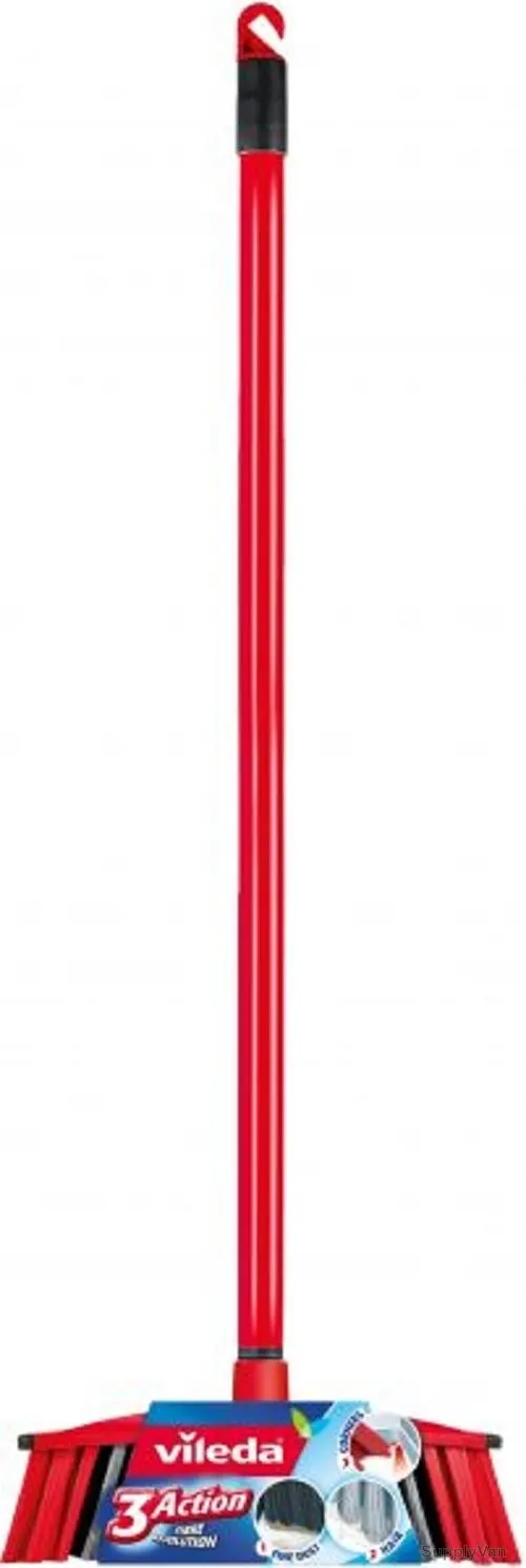 Vileda 3 Action Indoor Floor Broom W/ Stick, VLFC142156A, Recycled Plastic, Grey and Red