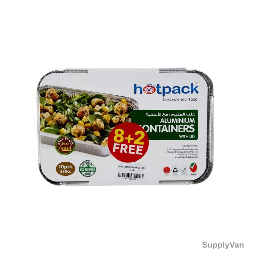 Hotpack Disposable Aluminium Food Container With Lid, PP8389TP10, 890CC, Silver, 8+2 Free — image 1