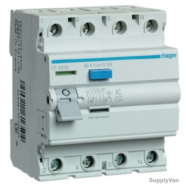 Hager Residual Current Circuit Breaker, CF441J, Type AC, 4P, 300mA, 40A