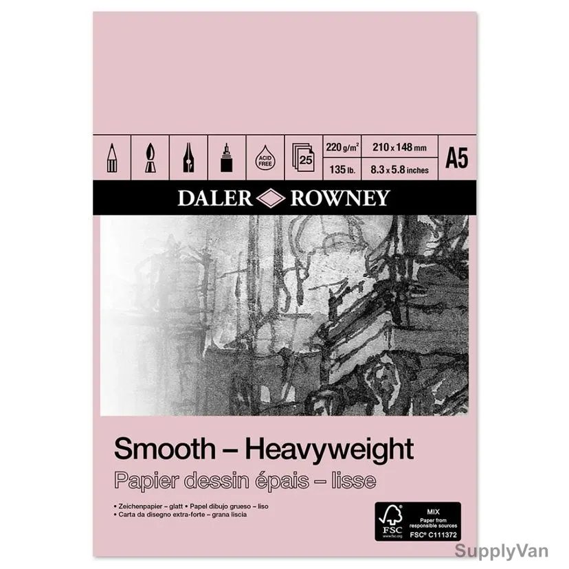 Daler Rowney Heavyweight Cartridge Paper Pad, 403040500, A5, 220 GSM, 25 Sheets, 148.5 x 210MM, White