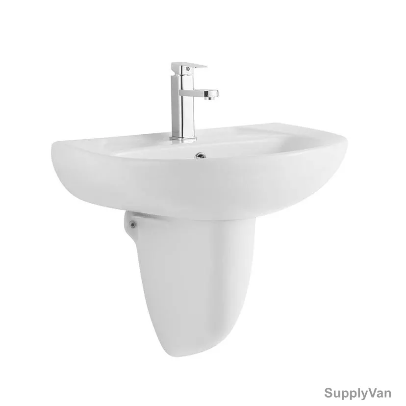 Milano Wall Mounted Wash Basin With Semi Pedestal, 3636-R, Ceramic, 49CM Width x 63CM Length, White 2 Pcs/Set
