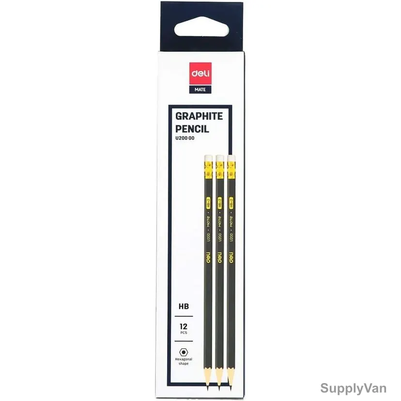 Deli HB Graphite Pencil With Eraser, EU20000, 2.0MM Tip Size, Black, 12 Pcs/Pack