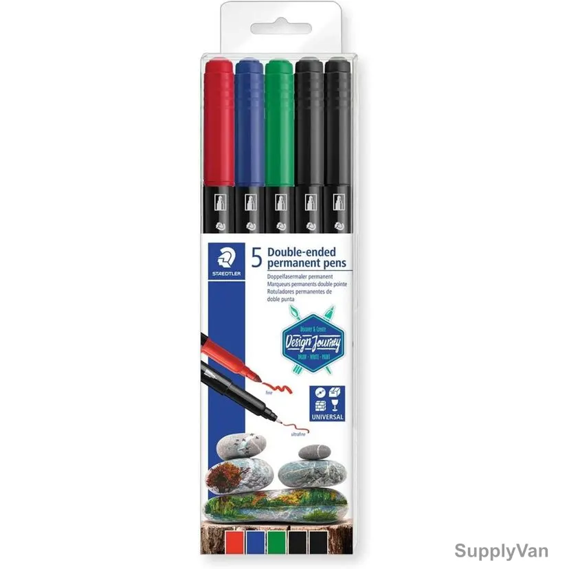 Staedtler Double Ended Permanent Fiber Tip Pen, ST-3187-TB5, 0.5-3.0MM Tip Size, Assorted Colors, 5 Pcs/Set