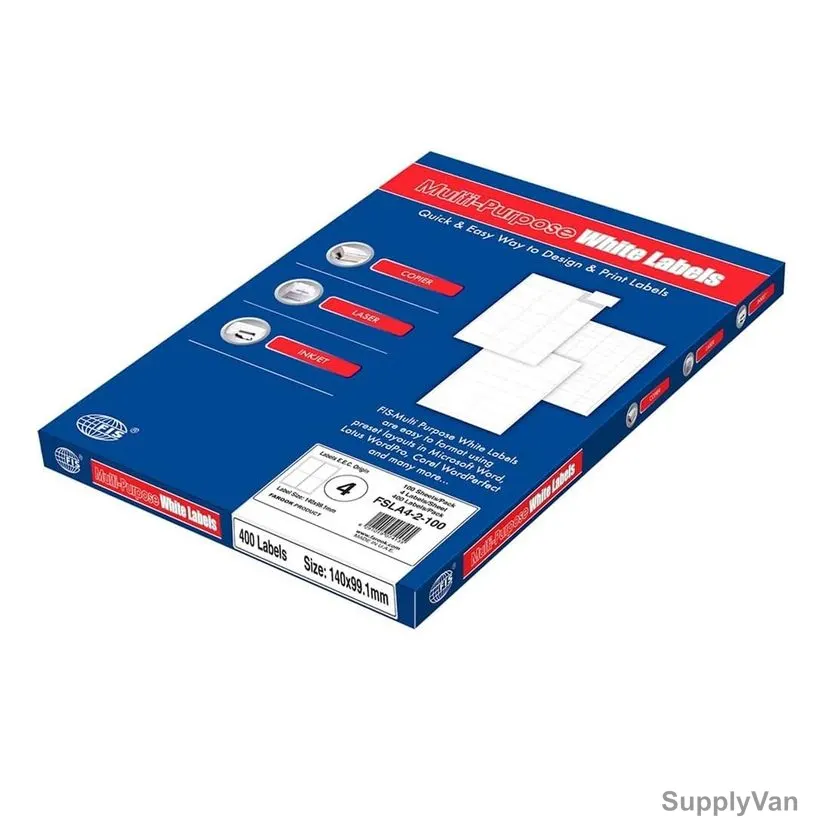 Fis Multi-Purpose Label Sticker, FSLA4-2-100, 99.1MM Width x 140MM Length, White, 100 Sheets/Pack