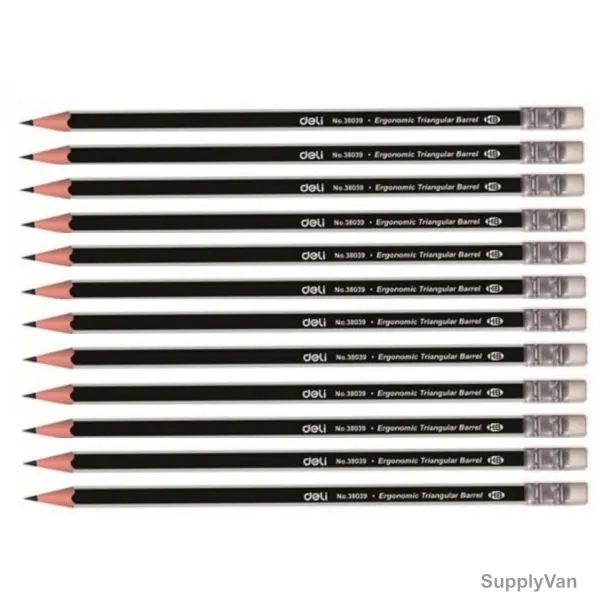 Deli Wooden HB Pencil With Eraser, E38039, Black/Silver, PK12