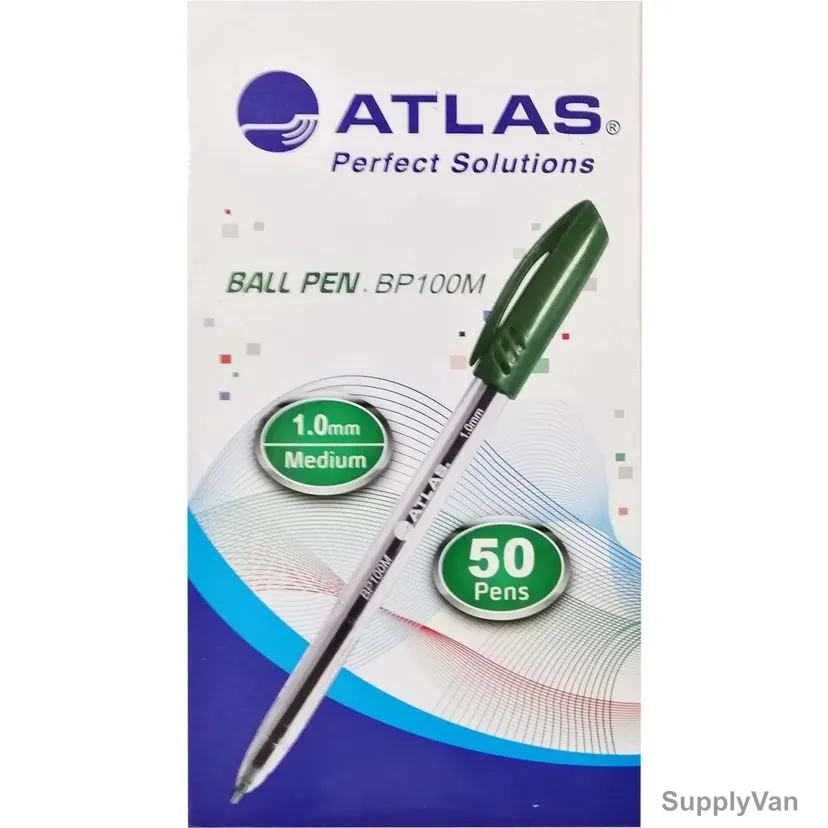 Atlas Ball Point Pen, AS-BP100M-GN-50P, 1.0MM Tip, Green, 50 Pcs/Pack
