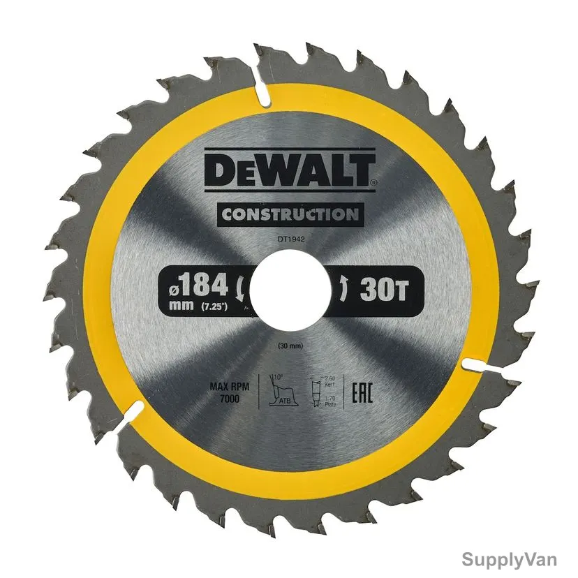 Dewalt Construction Circular Saw Blade, DT1942-QZ, 30MM Bore Size x 184MM Blade Dia, 30 Teeth — image 1